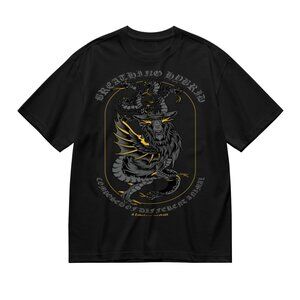 Brand New Black Graphic Tee with Mythic Dragon-Lion Design